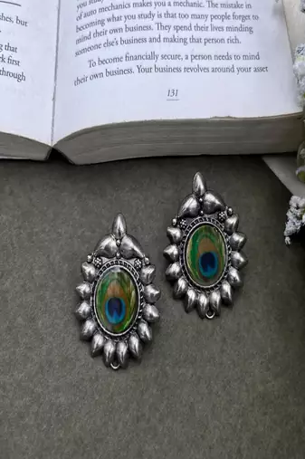 Oxidized peacock feather stud earrings: boho silver tone jewelry
