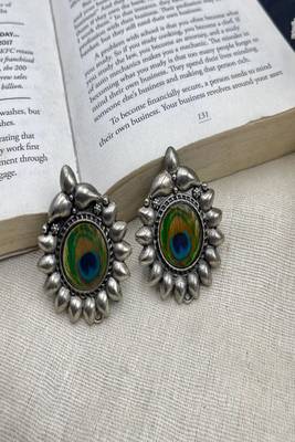 Oxidized peacock feather stud earrings: boho silver tone jewelry 4
