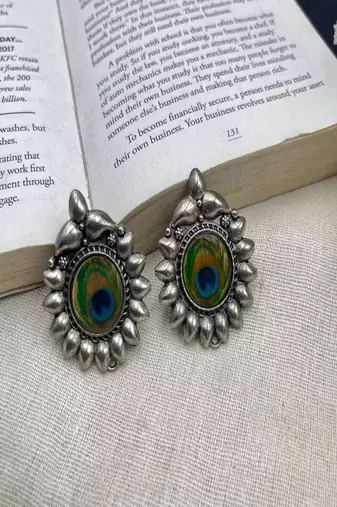 Oxidized peacock feather stud earrings: boho silver tone jewelry