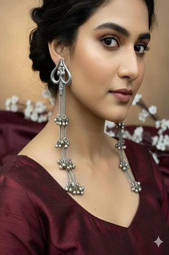 Oxidised silver trishul earrings with ghungroo bells – 2 in 1 tribal kashmiri drop earrings