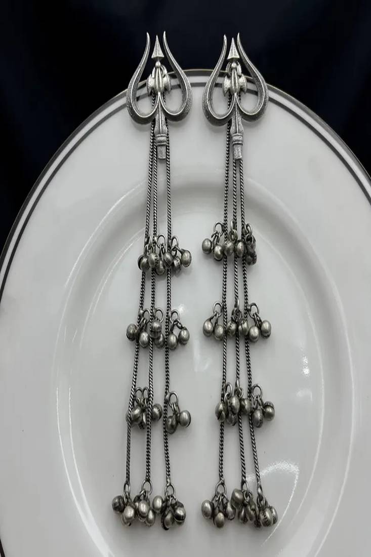 Oxidised silver trishul earrings with ghungroo bells – 2 in 1 tribal kashmiri drop earrings