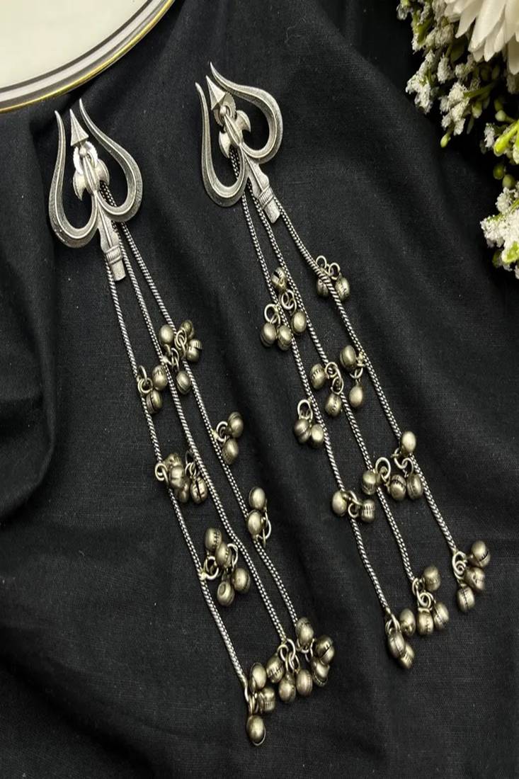 Oxidised silver trishul earrings with ghungroo bells – 2 in 1 tribal kashmiri drop earrings