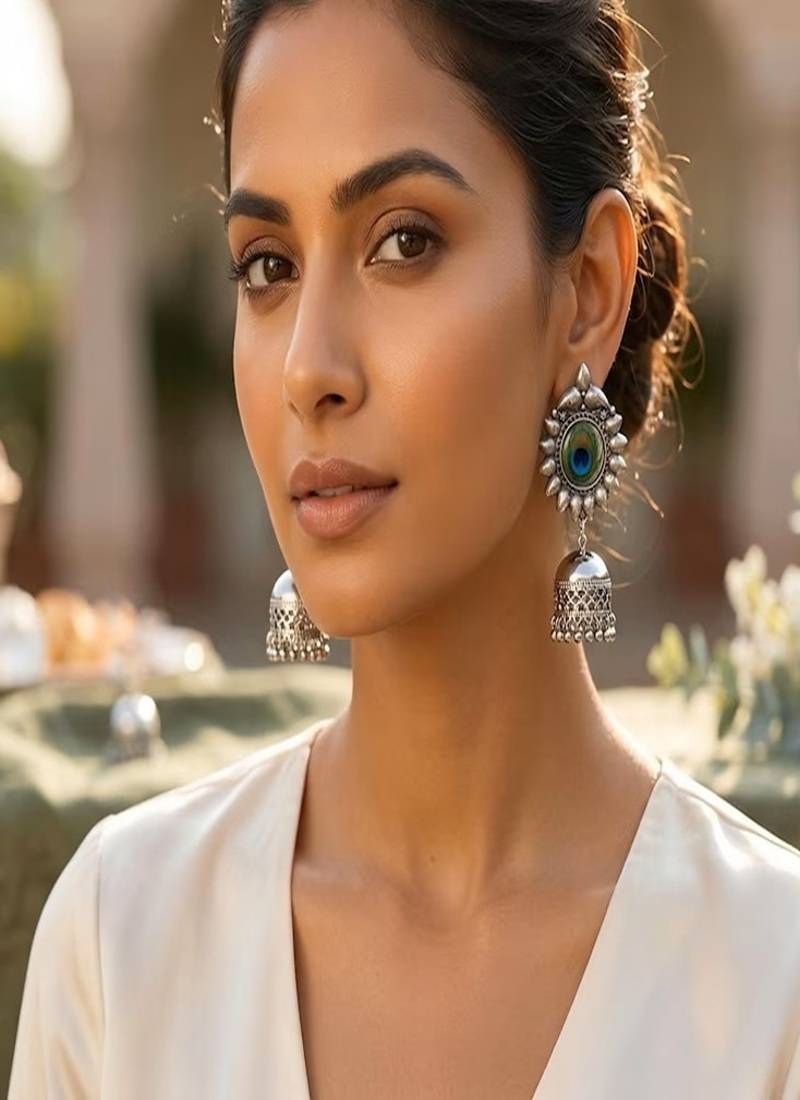 Oxidized peacock feather jhumka earrings|boho tribal jewelry