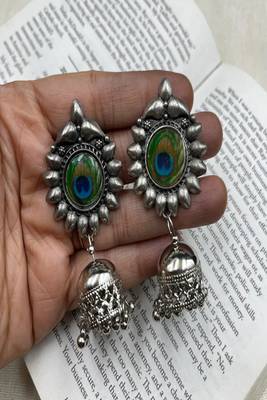Oxidized peacock feather jhumka earrings|boho tribal jewelry 2