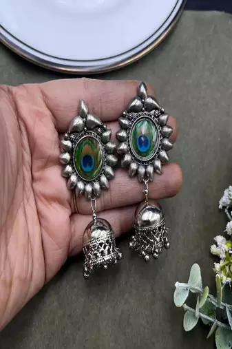 Oxidized peacock feather jhumka earrings|boho tribal jewelry