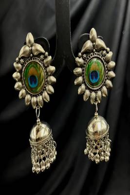 Oxidized peacock feather jhumka earrings|boho tribal jewelry 4