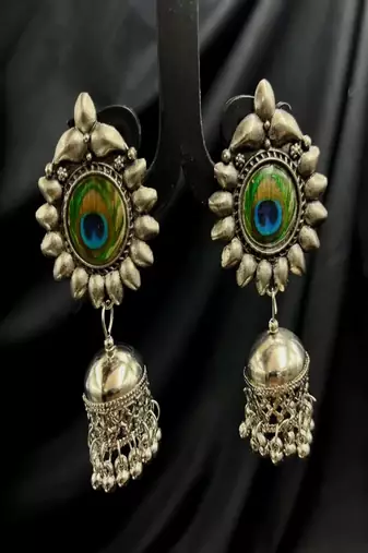 Oxidized peacock feather jhumka earrings|boho tribal jewelry