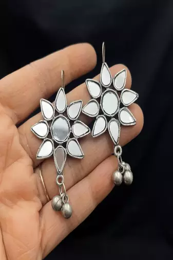 Dainty small star design mirror stud earrings|oxidised silver glass earrings for navratri