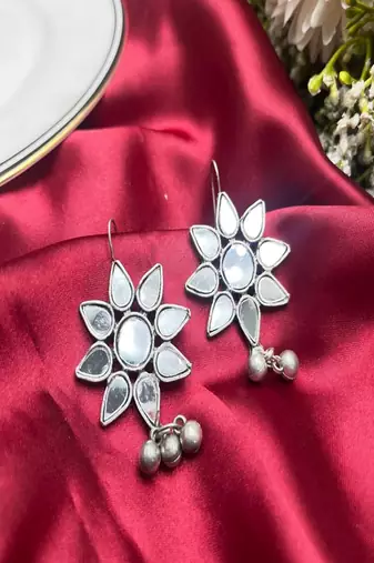 Dainty small star design mirror stud earrings|oxidised silver glass earrings for navratri