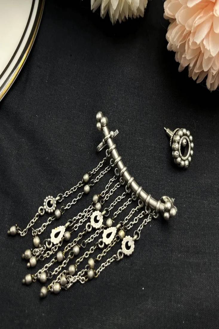 Oxidised mismatched earrings for women boho tribal earcuff and stud set