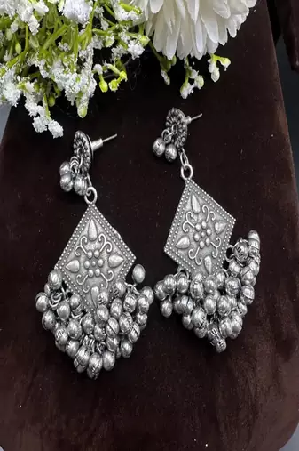 Oxidized ghungroo dangle earrings, boho tribal style
