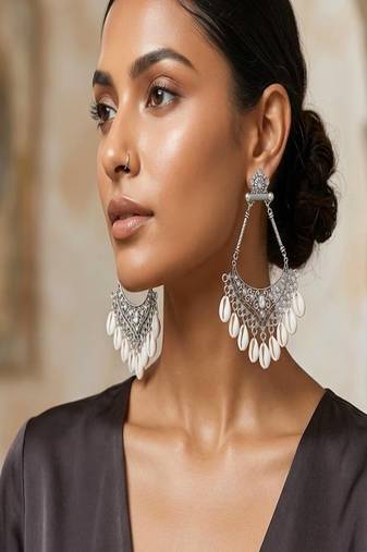Oxidized cowrie shell dangle earrings: tribal indian jewelry