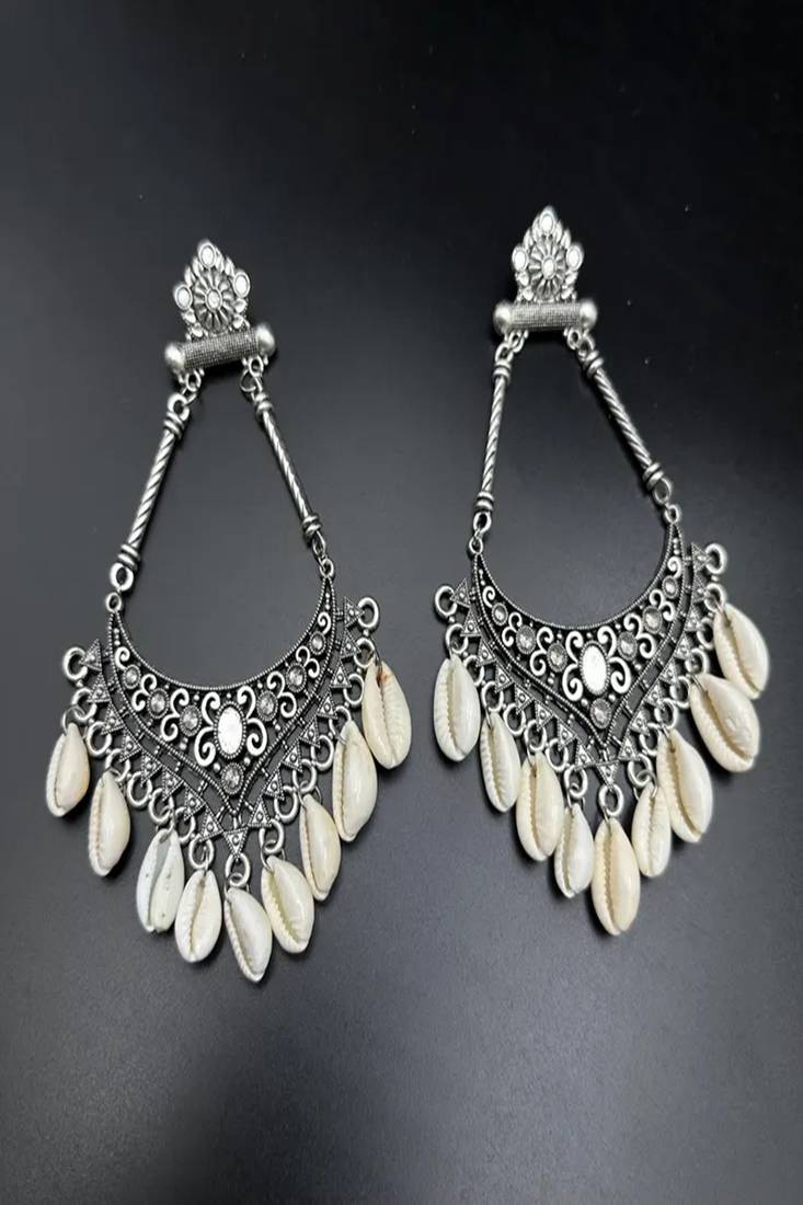Oxidized cowrie shell dangle earrings: tribal indian jewelry