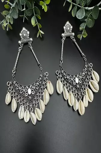Oxidized cowrie shell dangle earrings: tribal indian jewelry