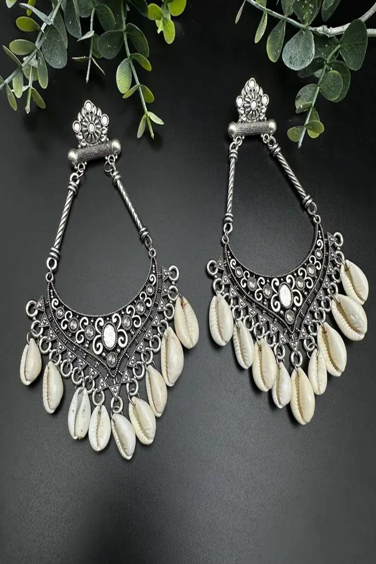Oxidized cowrie shell dangle earrings: tribal indian jewelry
