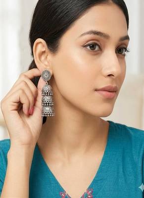 Oxidized silver jhumka earrings: indian boho wedding jewelry 1