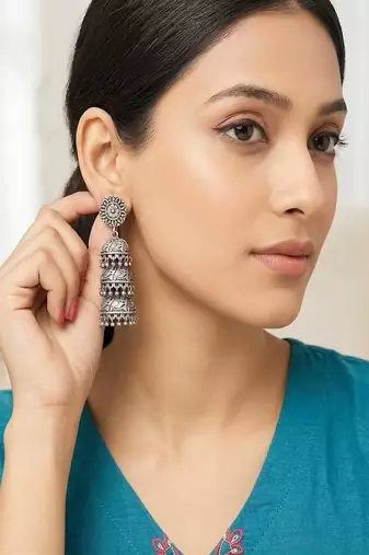 Oxidized silver jhumka earrings: indian boho wedding jewelry
