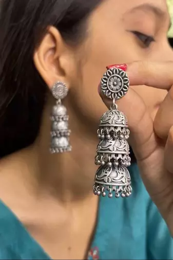 Oxidized silver jhumka earrings: indian boho wedding jewelry