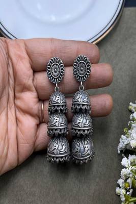 Oxidized silver jhumka earrings: indian boho wedding jewelry 3