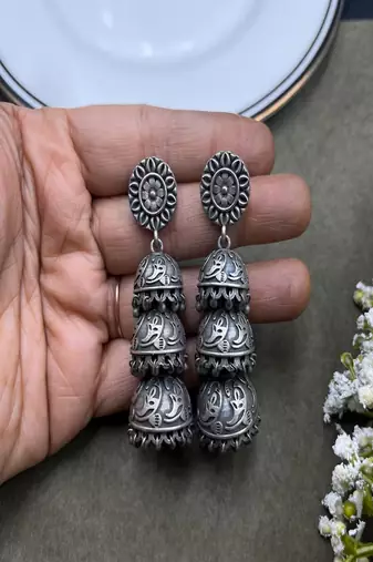 Oxidized silver jhumka earrings: indian boho wedding jewelry