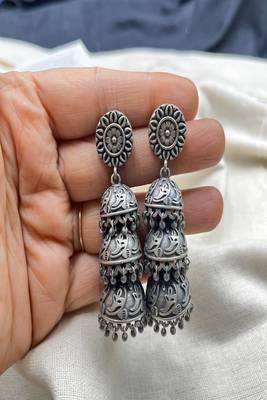 Oxidized silver jhumka earrings: indian boho wedding jewelry 4