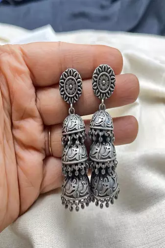 Oxidized silver jhumka earrings: indian boho wedding jewelry