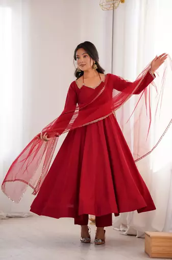 Maroon Partywear chanderi silk anarkali suit set with dupatta