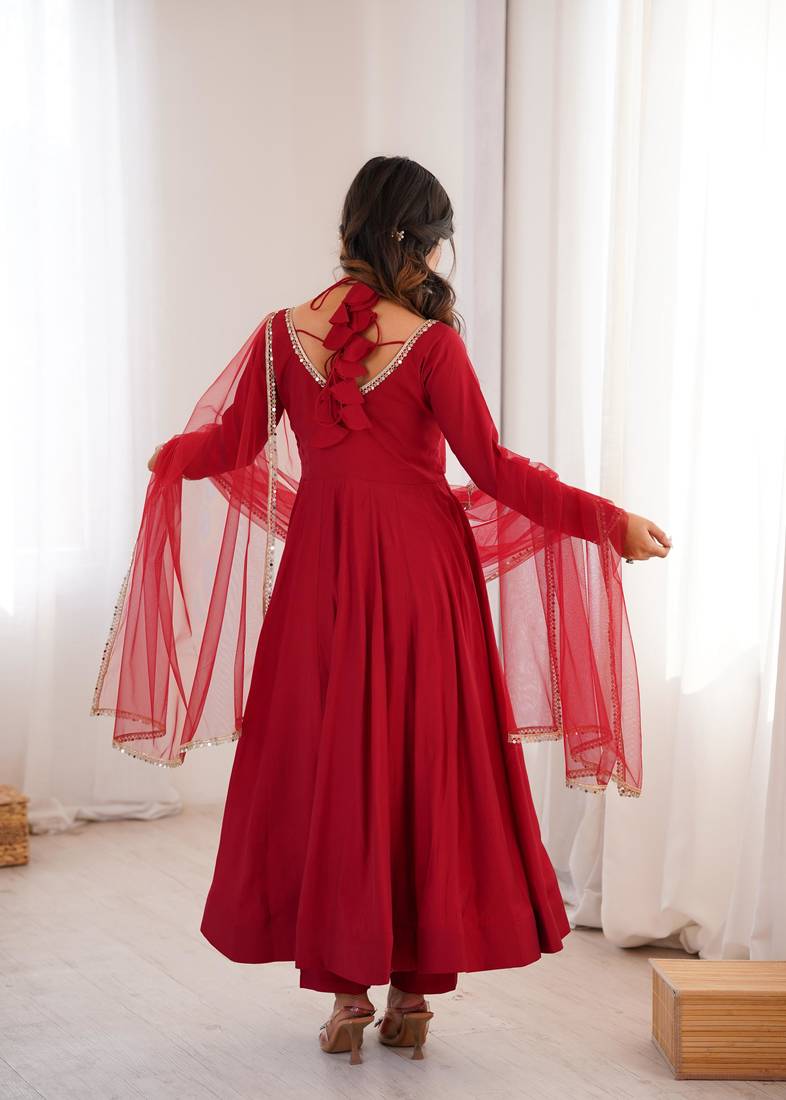 Maroon Partywear chanderi silk anarkali suit set with dupatta