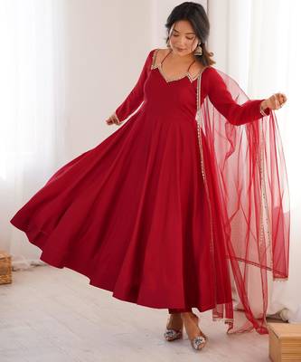 Maroon Partywear chanderi silk anarkali suit set with dupatta 3