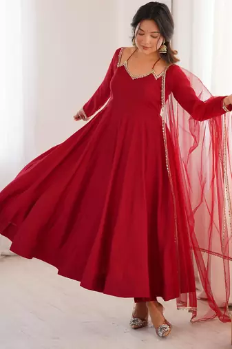 Maroon Partywear chanderi silk anarkali suit set with dupatta