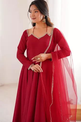 Maroon Partywear chanderi silk anarkali suit set with dupatta