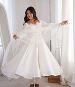 Off White chanderi silk anarkali set with stylish neckline and dupatta set