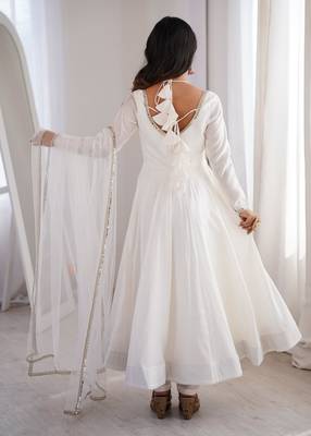 Off White chanderi silk anarkali set with stylish neckline and dupatta set 2