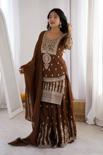 Brown Sequence work sharara suit with heavy work kurti and dupatta