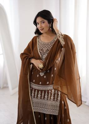 Brown Sequence work sharara suit with heavy work kurti and dupatta 3