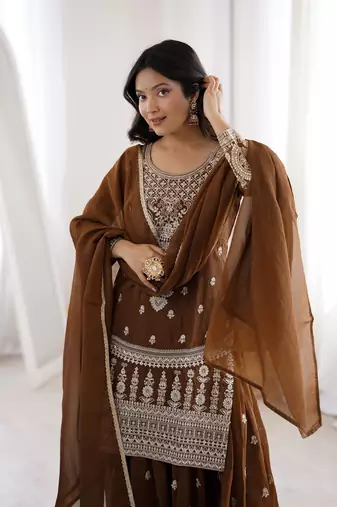 Brown Sequence work sharara suit with heavy work kurti and dupatta