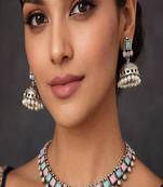 Oxidised silver necklace set with jhumka earrings |pastel mint pink statement jewelry