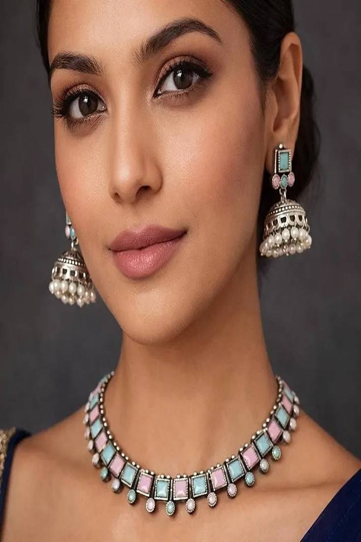 Oxidised silver necklace set with jhumka earrings |pastel mint pink statement jewelry