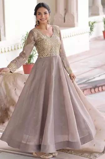 Cofee gold crush sequins embroidered work flared gown with heavy dupatta