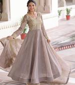 Cofee gold crush sequins embroidered work flared gown with heavy dupatta