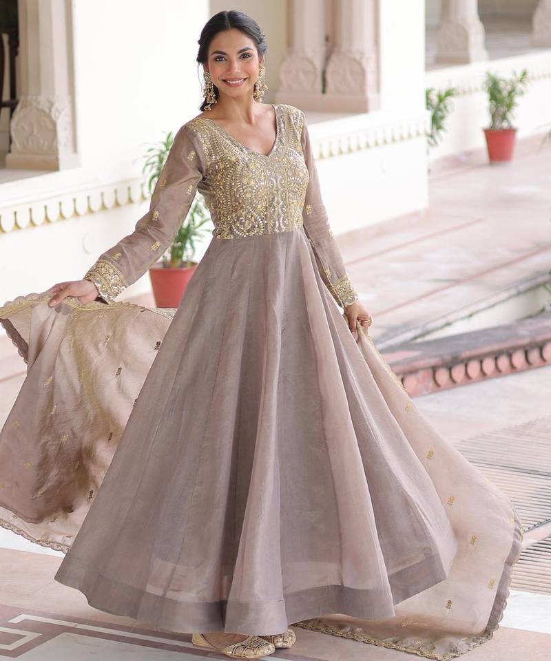 Cofee gold crush sequins embroidered work flared gown with heavy dupatta