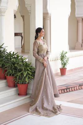 Cofee gold crush sequins embroidered work flared gown with heavy dupatta 2