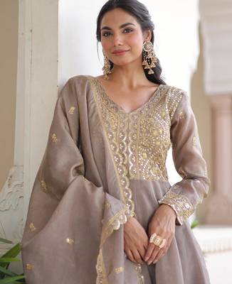 Cofee gold crush sequins embroidered work flared gown with heavy dupatta 3