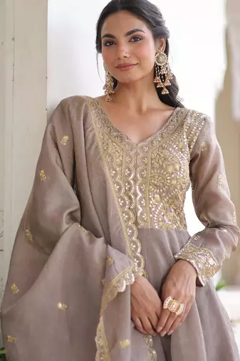 Cofee gold crush sequins embroidered work flared gown with heavy dupatta
