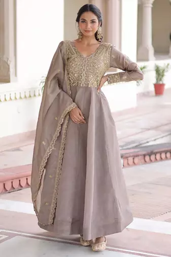 Cofee gold crush sequins embroidered work flared gown with heavy dupatta
