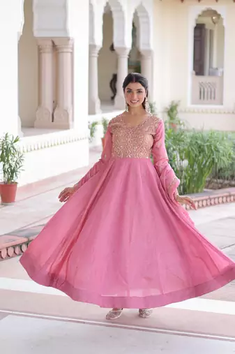 Pink gold crush sequins embroidered work flared gown with heavy dupatta