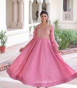 Pink gold crush sequins embroidered work flared gown with heavy dupatta