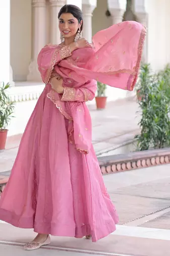 Pink gold crush sequins embroidered work flared gown with heavy dupatta