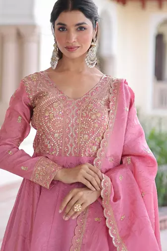 Pink gold crush sequins embroidered work flared gown with heavy dupatta