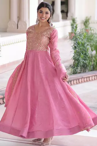 Pink gold crush sequins embroidered work flared gown with heavy dupatta
